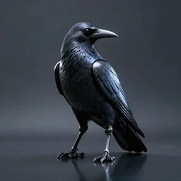 crow in futuristic armour, light glow, portrait, digital art, studio, realistic reflections, ominous lighting
