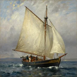 oil painting of boat with sail, art by anders zorn, wonderful masterpiece by greg rutkowski, beautiful cinematic light, american romanticism by greg manchess, creation by tyler edlin