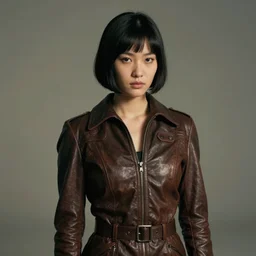 moody, youthful asian blade runner demure, 3 5 mm, exquisite features, feminine cut, 1 9 7 0's frontiers in flight leather suit, roger deakins, smoke, grain