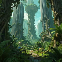 hardmesh retro futurist post - apocalyptic jungle forest over city, lians, tentacles, fallout steampunk, hyper realistic, art gta 5 cover, official fanart behance hd artstation by jesper ejsing, by rhads, makoto shinkai and lois van baarle, ilya kuvshinov, ossdraws, feng zhu and loish and laurie greasley, victo ngai