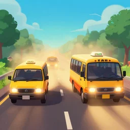 a film still from taxi by ian mcque, a dusty highway with mini bus taxis battling, vibrant, 5 0 mm lens, video game character and environment design, 2 d game lineart behance hd, studio, dramatic lighting, cinematic, global illumination, trending on artstation, bloom