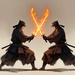 Two samurais with flaming swords fighting, 8k, concept art, elegant, cinematic lighting,