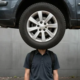 man with car wheel on head surreal