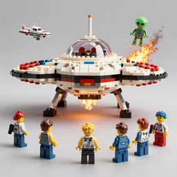 independence day movie scene made of lego, ufo, alien, 8 k, ultra realistic details, cinematic drama, fire pyro