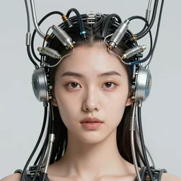 very beautiful woman integrating with technology, full face frontal centered, portrait, insipiring, detailed intricate ornate cables connected to head, big open electric eyes, luxurious detailed abundent wiring and implants, diamonds, ruby, sci - fi, neon, emeralds, detailed technology background with cyber flowers and insects, highly detailed, artstation, 8 k,