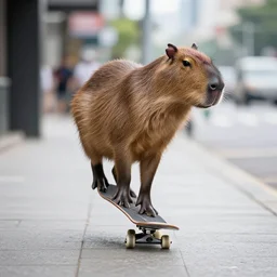 A capybara doing a kickflip on a skateboard on a sidewalk in a city, Sigma 85mm f/1.4