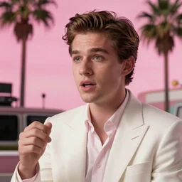 close up on a yuppie with white suits talking in a cellprov. 8 0's style. palm trees and pink sky in the background. art by krzysztof tanajewski