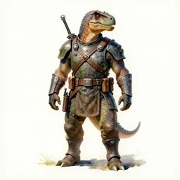 a watercolor painting full body character portrait of a humanoid dinosaur soldier / mercenary in the style of moebius in the style of leonard boyarsky trending on artstation deviantart pinterest furaffinity detailed photorealistic highlights and shadow hd 8 k post - processing high resolution