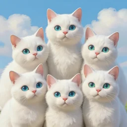a close up portrait of a family of white cats. the cats have really detailed, fluffy fur and blue green eyes, pretty clouds, pastel colours, 3 d painting by hayao miyazaki, wes anderson and jeffrey smart, art station