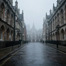 empty streets of neo - gothic london, wet streets, fog, cold, hyperdetailed, artstation, cgsociety, 8 k