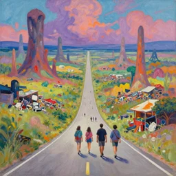 Why am I me when I could have been anyone else? Introspective meandering, a vibrant gouache fantasy painting, walking along the endless road through an unusual biome. Natural palette, Unearthly landscape. Realistic photography. A small traveling group of friends in a dream-like world. I've been to this market before, it wasn't such a junkyard in the past.--width 1024