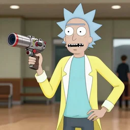 christopher lloyd cosplaying as rick sanchez from rick & morty posing with his portal gun, octane render photorealism, detail, 4 k pores, realistic