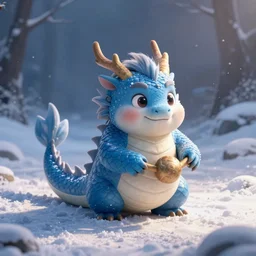 HD, 3d render,anthropomorphic, chubby female dragon , blue scales. playing in the snow