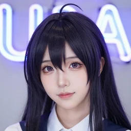closeup headshot photo of Uta cosplay, neon sign background and photography by Gregory Crewdson, visible details, Nikon D850, f/5.6, ISO 100