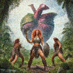 armoured ginger dwaven women wielding a hammer and shield, jungle clearing, awesome floating mountain in the shape of a human heart. 4k realism