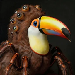 close up portrait of a mutant monster creature with exotic toucan beak, twenty arachnid eyes, fair skin tone. by jan van eyck, audubon