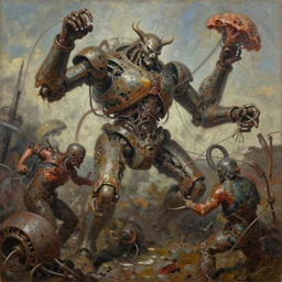 oil paint of flayed god machines, cluster battle chaos, intricately macerated by age, sentient, dethroned goliath machine, whipping blood turbines, hydrocracking battles, rusted, macerated, eviscerated by fimbria wires, bicornate fungal pit, trash patina sheen rotting, by alberto bontempi, alex ross, shigeru kom
