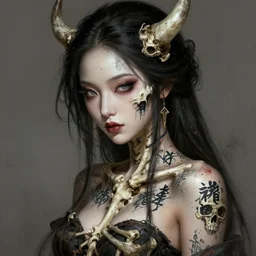 gorgeous asian demoness of skull, tattoos, kanji symbols, portrait, bones, skull, dirt, bloody, elegant, highly detailed digital painting, by artgerm, sean yoro, wlop, chie yoshii