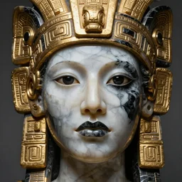 beautiful marble and black onyx aztec inca woman head with golden elements, by eddie mendoza hyperrealism expressive eyes cyborgess symmetrical very detailed giger beksinski grey and gold