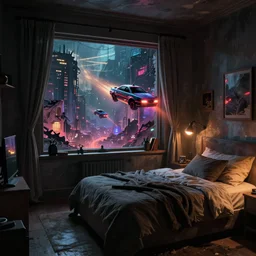 cyberpunk bedroom at night, dramatic light, flying cars, ruins, buildings, dystopian, gorgeous view, depth, painted by caspar david friedrich, trending on artstation