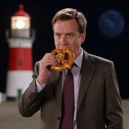 stanley hudson from the office eating pretzel in a lighthouse in space
