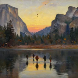 calm lake, group of humans walking in the water, leaves falling in the wind, in the style of 1 9 th century oil painting, sunset, yosemite valley