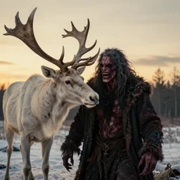 photo of real life demonic human faced albino elk spirit god, creepy!!!, gritty!!!, menacing!!!, evil, ultra realistic, gritty, winter, golden hour, volumetric lighting, sharp focus