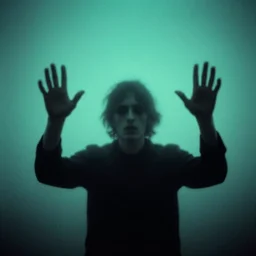 aquamarine haze photograph a creepy, ghostly photo of a man black and white with his hands in the air by reuben nakian, zbrush central contest winner, gutai group, ambient occlusion, demonic photograph, velvia