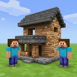 steve and alex from minecraft building a house. pixelart