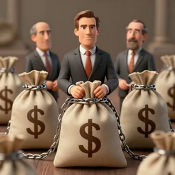 political cartoon congressmen in a chained to money bags ultra detailed hyper realistic deep focus smooth artstation wlop intricate highly detailed award winning