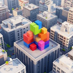 city rooftops birds eye view, tetris, colorful