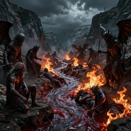 hells gate from dante alighieris divine comedy, inferno, doom, agony, lost souls, demons, rivers of blood, hellfire, epic, dramatic, cinematic, masterpiece, volumetric lighting, chiaroscuro, artgem, trending on artstation, unreal engine 5, octane, arnold, physically based rendering, cinema 4 d, professional 3 d modeling