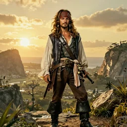Guybrush threepwood in a stunning pirate landscape, golden hour