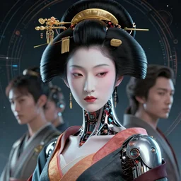 retrofuturistic portrait of a geisha cyborg, space graphics in background, close up, quint buchholz, wlop, dan mumford, artgerm, liam brazier, peter mohrbacher, raw, featured on artstation, octane render, cinematic, elegant, intricate, 8 k