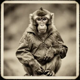 a monkey with a ouffer jacket, old photo