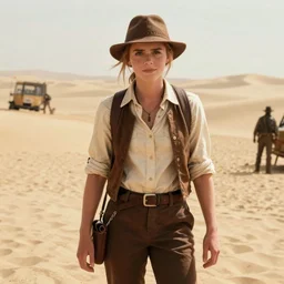 Emma Watson as Indiana Jones, in a desert, film still from 'Indiana Jones and the Last Crusade (1989)'