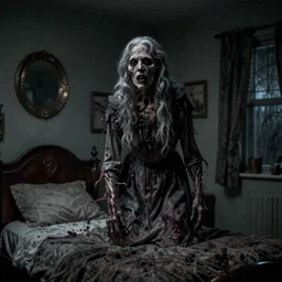 in a bedroom a grotesque old woman standing by my bed at night, photorealistic horror, ultra realistic, dark gloomy, 4 k resolution