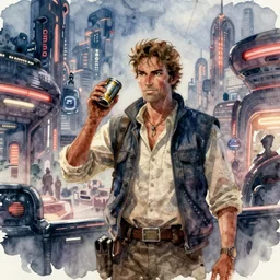 a realistic star wars watercolor fantasy concept cart of chris d'elia as a drug dealer in a sleazy futuristic city of coruscant, hq, 4 k