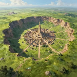 slavic persian trade hub city in a giant crater in the great planes, lush grass a fantasy digital painting by Greg Rutkowski and James Gurney, trending on Artstation, highly detailed