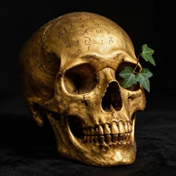 chiaroscuro baroque still life photo of golden skull engraved in secret ancient rune messages and writing, with an ivy vine growing out of right eye socket. dark ominous background.