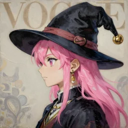 anime mage vogue, intricate oil painting by greg rutkowski, trending on artstation, side profile, weird hat, pink hair
