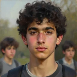 oil painting by ilya kuvshinov, baugh casey, rhads, coby whitmore, of a youthful persian - indian college student, male, handsome, curly black hair, outdoors, highly detailed, breathtaking face, studio photography, dawn, intense subsurface scattering, blush, supple look, innocence, intense sunlight