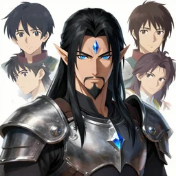elven man, black hair, goatee, blue eyes, metal shoulder pauldrons, blue crystal in forehead, behance hd artstation, style of jesper ejsing, by rhads, makoto shinkai and lois van baarle, ilya kuvshinov, ossdraws