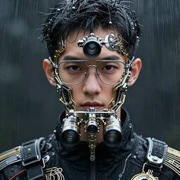 very up close portrait, of fashion elegant sophisticated of a male explorers in the rain ， full face frontal centered ， slender eyes, with complicated metal mechanical cameras and glasses, black sports jacket, ultra detailed wire decoration, night vision sight ， complex golden future mechanical device, micro detail, by nixeu and guweiz weta, sleek curves, intricate sharp focus, trending on