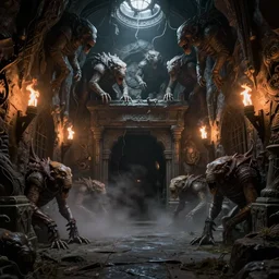 lovecraftian dungeon with creatures crawling, torches on the wall, dark and dramatic lighting, fog, realistic, unreal engine