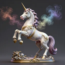 a statue of a ramping unicorn, colorful smoke, victorian baroque, hyperrealistic, detailed, fine detail, depth of field, octane render, artstation