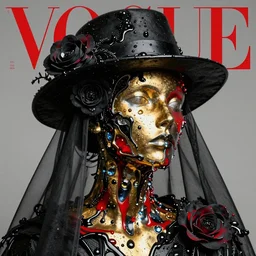 a head made out of metal and glass melting, it is of black and golden and red color, it is wearing a hat and a veil, there are flowers all around it, black paint melting, vogue cover style, greg rutkowski style
