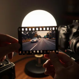 someone holding movie film negatives of a car chase scene, held up to a light bulb, with the light bulb behind, showing the negatives in a dimly lit room, extreme detail, real photo, real camera, at 8 k, hd