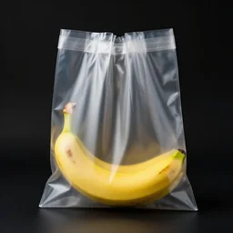 a TRANSPARENT bag containing a banana, black background