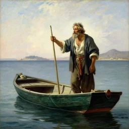 painting of wise man as a fisherman on a small boat by the coast by bouguereau and ilya repin